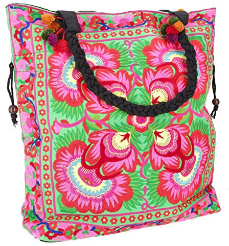 Große Schultertasche, Hippie Shopper Tasche Chiang Mai, Bestickter Beutel - Grün/pink/blau, Herren/Damen, Baumwolle, Size:One Size, 42x42x10 cm, Alternative Umhängetasche, Handtasche aus Stoff