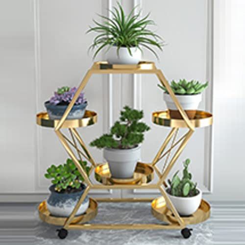 Pflanzenständer Metall - 6 Ebenen Blumenregal Blumentreppe, Pflanzenregal Blumenbank Mit Rädern, Eisen Pflanzentreppe Blumentisch, Für Blumentopf Hausgarten Eckveranda Indoor Outdoor (Color : Gold)