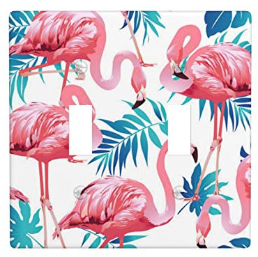 Flamingo Vogel Grün Pflanzenblatt 2-Gang Duplex Knebel Wandplatte Dekorative Lichtschalter Abdeckung Schalter Frontplatte 4,50 x 11,4 cm