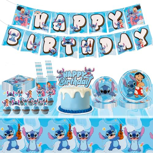 94PCS Ensemble Vaisselle Fête Kit, Kit Anniversaire avec Assiette Gobelet Nappe Décoration Gateau Birthday Bannièr , Deco Anniversaire pour 10 Personnes