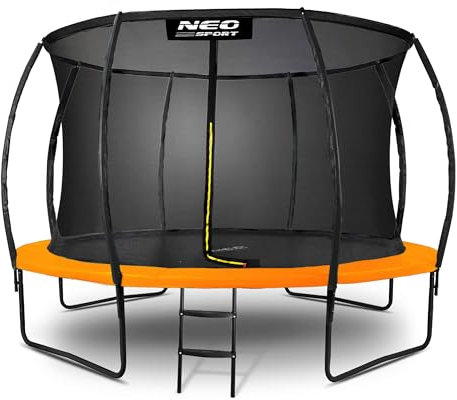 Neo-Sport Trampolin Outdoor Kinder Gartentrampolin Sicherheitsnetz Innen Leiter Extra Dick Gepolsterte Stangen Mit PVC Beschichtet Wetterfest Rostfrei Belastbar bis 150 kg Orange Schwarz 374 cm