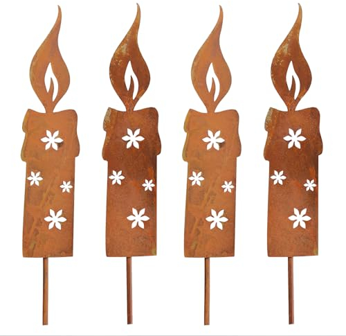 YUNSTK Rostiges Kerzen Gartenstecker Weihnachten, 4er Set Weihnachtsdeko Roststecker, Rost Licht Metall Wetterfest, Draußen Gartenstecker, Gartendeko Rost Deko Baumstecker