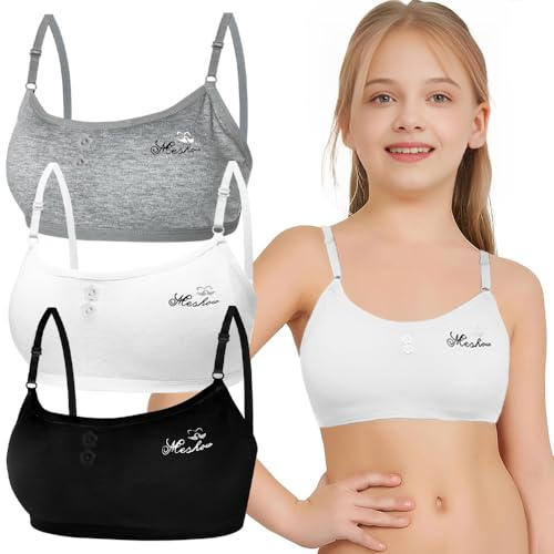 Bysion Mädchen Sport BHS Teens Unterwäsche mit Abnehmbar Gepolsterte und Verstellbarem Schultergurt 3er-Pack Bralette Top Bustier für 10-14 Jahre Kinder