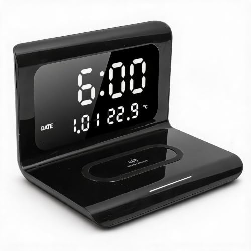 MultiFunctional Clock Wireless Charger, Digital Alarm Clock with Phone Charging Station, Electronic Calendar, Automatic Matching Wireless Charger for Desktop Bedside