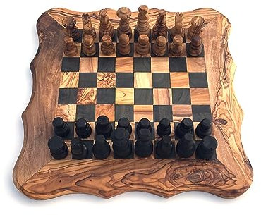 Schachspiel abgerundete Kante Größe wählbar M/L inklusive Schachfiguren Brett für Schach Schachspiel handgefertigt aus Olivenholz (M)