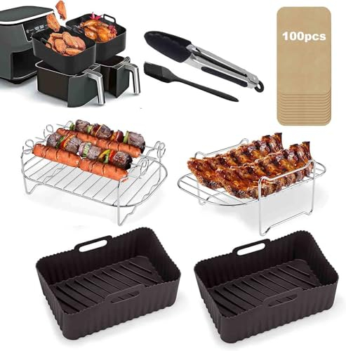 Air Fryer Accessories for Ninja Dual AF300UK AF400UK Set of 8 Including Silicone Air Fryer Liner & Dual Air Fryer Racks & Paper Lining etc Dual Air Fryer Accessories
