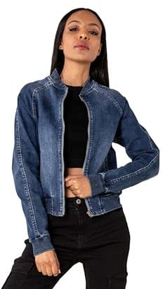 Nina Carter Damen Jeans-Bomberjacken mit Rippbündchen Leichte Jeansjacke Übergangsjacke Stretch Denim Casual Jacke (Blau (S550), XXL)