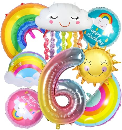 GAROMIA Regenbogen Geburtstagsdeko 6 Folienballon Regenbogen Party Deko Zahl 6 Ballon Folienballon Wolken Geburtstagsdeko Mädchen 6 Jahr Regenbogen Dekoration Luftballons für Mädchen Geburtstag