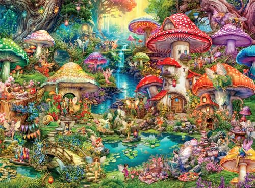 Buffalo Games, Aimee Stewart, Merry Mushroom Village Picnic (Fröhliches Pilz-Picnic im Dorf), 1000-teiliges Puzzle für Erwachsene, anspruchsvolles Puzzle, perfekt für Spieleabende, fertige Größe ist