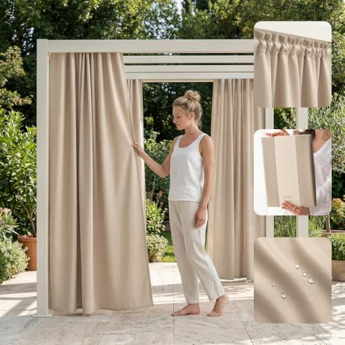 ROOM99 Outdoorvorhäng mit Kräuselband Garden Line 155 x 200 cm Breite x Höhe Outdoor Vorhang wetterfest Wasserdicht Sichtschutz Sonnenschutz Gardinen Garten Winddicht Beige, 1 Stück