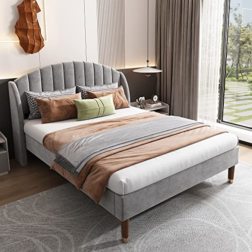 Jovify 5ft King Size Bed Frame Upholstered Platform Bed with Headboard/Velvet Fabric/Sturdy Wooden Slat Support/No Box Spring Needed, 5ft King Bed Youth Bed, Grey, 200 x 150 cm