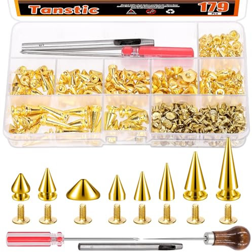 Tanstic 176 Sets Punk Spikes und Studs Kit, 8-Größen Kegel Spikes Screwback Studs Metall Baum Spikes für Leder Punk Style Kleidung Zubehör (Gold)