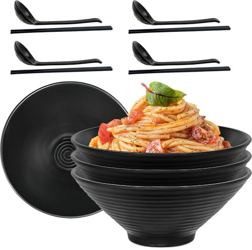 Kaxtde Ramen Bowls Set of 4, 1200 ml Japanese Noodle Bowl with Spoons Chopsticks, Unbreakable Black Soup Bowls for Asian Udon Pho Salad Cereal Udon Rice, Dishwasher Safe