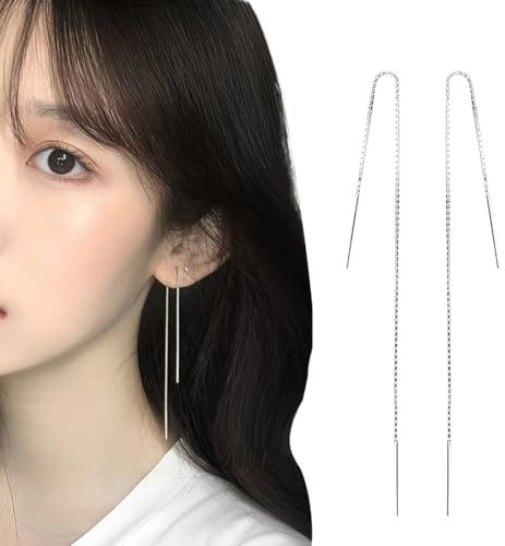 1 paio di orecchini a doppio ago in argento, orecchini pendenti in argento, design a catena, orecchini pendenti a catena lunga per donne, gioielli di moda, regalo di San Valentino