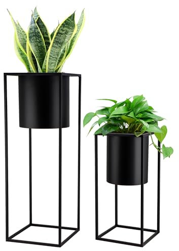 TRIROCKS Juego de 2 macetas con soporte, maceta grande de metal para plantas de interior de 28 y 18 pulgadas de alto, macetas para sala de estar, esquina, cocina, oficina, jardín, balcón y decoración