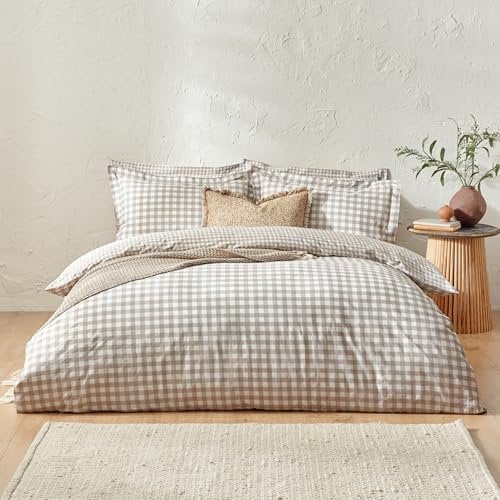 Yard furn Barton Gingham Check Duvet Cover Set - 100% Cotton, Reversible, Oxford Pillowcases, Soft & Breathable Premium Bedding (King - Natural)
