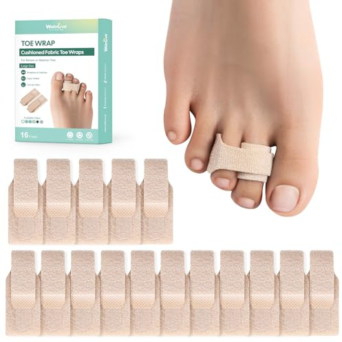 16 Pack of Hammer Toe Straightener, Welnove Hammer Toe Splints, Toe Cushioned Bandages, Toe Corrector for Overlapping Toes, Toe Splints for Crooked Toes, Curled Toes, Bent Toes - (Large, Beige)