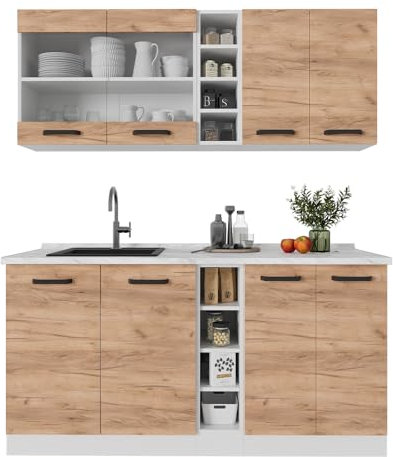 Vicco Singleküche R-Line, Küchenzeile Single, Goldkraft Eiche/Weiß, 160 cm AP Anthrazit