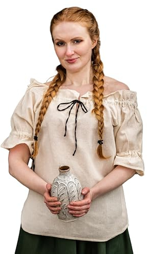 Leonardo Carbone® Damen Bluse Amelia | Schulterfrei | Mit Kordelzug | Karneval, Halloween, Cosplay, LARP, Mittelalter, Tunika, Hemd, Kostüm, Festival | 100% Baumwolle Natur S