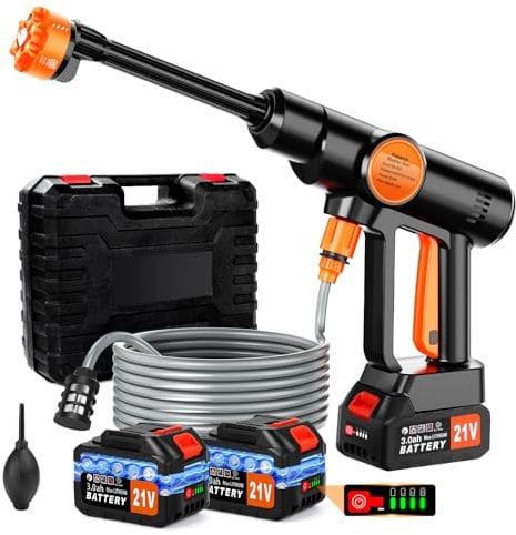 21V Cordless Pressure Washer with 2Pcs 3000mAh Battery, Portable Pressure Washer Gun, 6-in-1 Nozzle, 5m Hose & Tap Connector, Portable Jet Washer for Car, Patio, Floor & Garden Cleaning