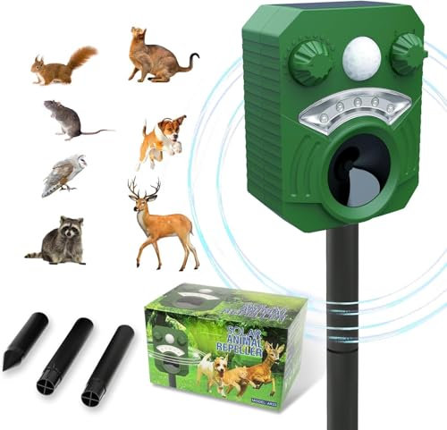 Joomouney Cat Repellent, Cat Repellent Deterrent for Gardens UK, Animal Scarer Ultrasonic Deterrent with PIR Sensor & Flash 5 Adjustment Modes, IPX4 Waterproof Solar USB Charging for Dog Fox Bird