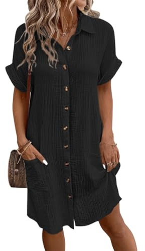 WINKEEY Sommerkleid Damen Blusenkleid Leinen Kleid Casual V-Ausschnitt Hemdkleid Kurzarm Shirtkleid Midikleid Einfarbig Freizeitkleid Mit Knöpfen,Schwarz M