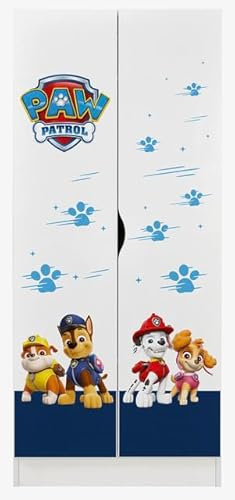 Leomark Weiß zweitüriger Kleiderschrank für Kinder - Roma - funktionaler Schwebetürenschrank, Dim: 70 x 42,5 x 161,5 (H) cm, Kommode, Schrank, Möbel für Kinder (UV-Druck: Paw Patrol 14)