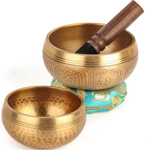 Tibetische Klangschalen Set - 100% handgefertigt in Nepal, Meditation Klangschalen Set für Yoga, Chakra-Heilung, einzigartige Geschenke für Frauen (Blau, 8,9 + 10,2 cm)