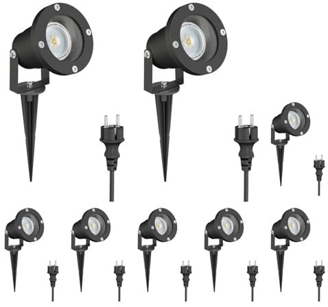 ledscom.de 8 Stück LED Gartenstrahler DUK schwarz mit Erdspieß für außen, Aluminium, inkl. LED GU10 Lampe (warmweiß, 5,4W, 510lm, 45°)