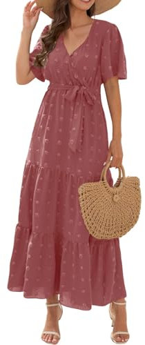 SCBFDI Robe Cocktail Femme Sexy Cintrée Ete Courte Devant Longue Derriere Manches Volantes Bureau Estivale Chic Plage Robe, Robe Western Rose M