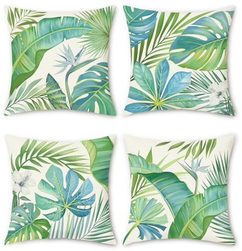 COZZSNUGE Tropical Leaves Cushion Covers Green Palm Leaf Monstera Outdoor Plant Polyester Decorative Pillowcases for Garden Sofa Bed Home Patio 45 x 45 cm Set of 4