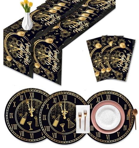 DPKOW Silvesterdeko 2027, 9-teiliges Tischsets Tischläufer Silvester in Schwarz Gold, Silvester Tischdeko Happy New Year Tischläufer Platzsets Silvesterparty Zubehör 2027 Neujahrsdeko, Einweg