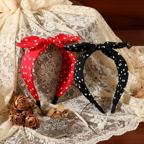 2 Stück Breite Haarbänder für Damen, Rot Haarreif Rutschfest Schleife Haare Haarband Vintage Stirnband Kopfbedeckungen Frauen Rockabilly Accessoires Haarzubehör Rutschfester Haarschmuck für Alltag
