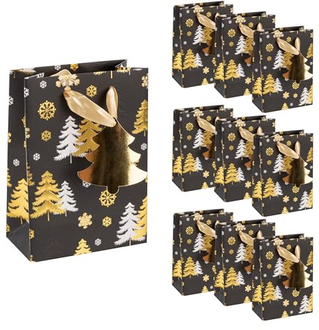 Idena 90399 - Geschenktaschen Tannenbaum, 10 Stück in Schwarz-Gold, Papiertüten in der Größe 16 x 11,5 x 6 cm, Geschenktüten für Weihnachten