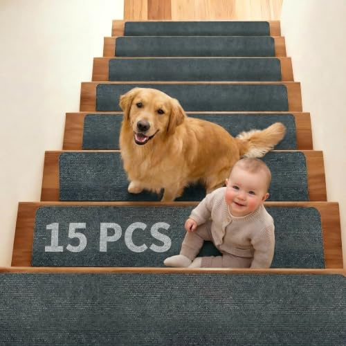 TVOOD Stair Treads Carpet 15 Pack: 22x70cm Anti-Slip Self-Adhesive Mats | Reusable Stair Carpet Treads for Wooden Steps Providing Safer Footing for Older Adults and Pets