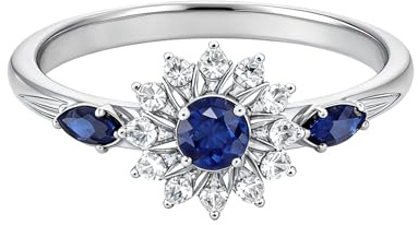LONAGO S925/9K/14K/18K Gold Flower Starburst Ring for Women with Blue Sapphire and Moissanite | Marquise, Round & Pear Shape Engagement, Wedding, Anniversary, Valentine's Day Fine Ring(white gold)