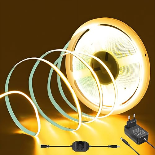 LakiHomi COB LED Streifen 2M, LED Strip Dimmbar mit Netzteil, LED Streifen Warmweiss, CRI 92+, 8mm Breite, LED Band für Unterbau TV Küche Wand Wohnzimmer DIY, 3000K