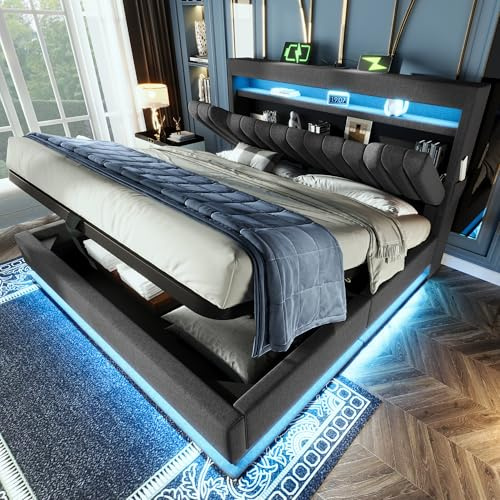 SURUEO 4ft6 Upholstered Double Bed Frame with Storage | LED Lighting Headboard with USB Type-C Charging Ports | Hydraulic Lift Up Ottoman Bed, Grey Linen Fabric, Metal Slatted Base | No Mattress