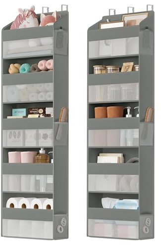 SONGMICS Tür-Organizer, Hängeorganizer, 2er Set, je 5 Fächer, faltbar, | Mit durchsichtig, Metallhaken, 6 Seitentaschen, Küche, Bad, Schlafzimmer, Taubengrau, TINA Kollektion RDH011GD01