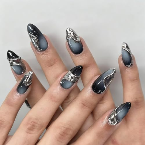 Black Silver Geometric Glow Press on Nails - Stiletto False Nails, Sleek Edgy Reusable Artificial Nails for Night Outings
