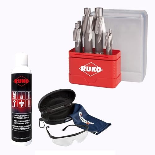 RUKO Flachsenker-Satz DIN 373 HSS, 6-teilig, M3–M10, Senker-Set für Stahl, Guss & NE-Metalle, inkl. Spray & Schutzbrille