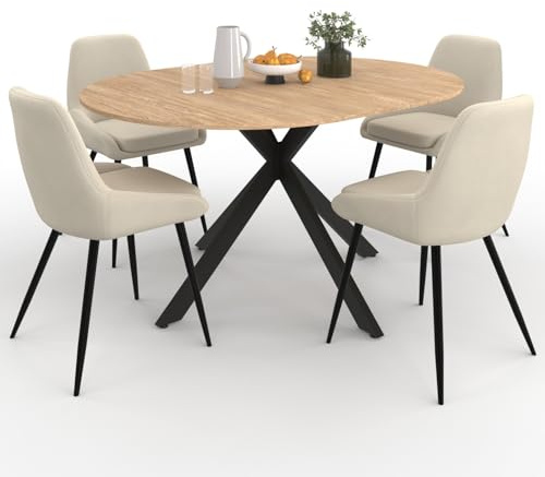 IDMarket - Juego de mesa de comedor redonda extensible Alix en madera y negro de 110-150 cm y 4 sillas de terciopelo beige THALYA