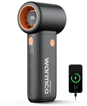 Warmco Ventilateur à Main Portable 10000mAh, Moteur Turbo 15000 RPM, Mini Ventilateur USB Rechargeable Puissant (9m/s), 5 Vitesses, Écran LED, Idéal pour Voyage, Camping et Canicule