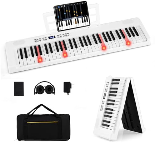 COSTWAY Keyboard Piano 61 Tasten, Klappbares Digitalpiano mit MIDI & Split-Funktion, 128 Tönen & Rhythmen, Tragbares Klavier mit Kopfhörer & Sustain-Pedal, E-Piano für Anfänger (Weiß)