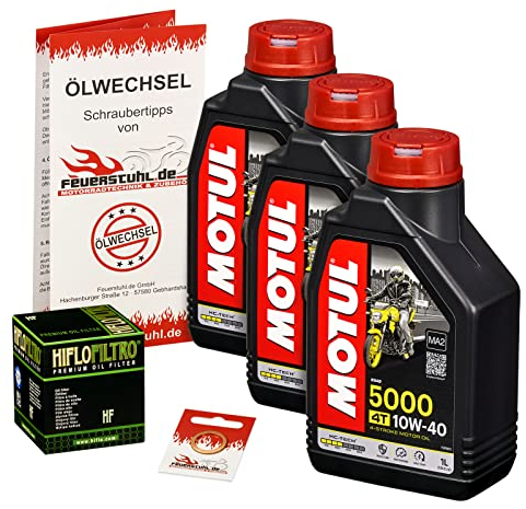 Motul 10W-40 Öl + HiFlo Ölfilter für Yamaha MT-09 (alle Modelle), 13-15, RN29 - Ölwechselset inkl. Motoröl, Filter, Dichtring