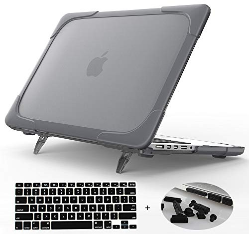 Mektron Shockproof Outer Hard Case mit Bumper und klappbarem Ständer für MacBook Pro 15 mit Retina-Display (Modell A1398) mit Staubstecker und Tastaturabdeckung (Grau)