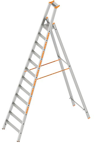 Layher 1064012 Stufenstehleiter einseitig begehbar Topic mit 12 Breiten Stufen, Aluminiumleiter klappbar mit Podest, Länge 3.70 m