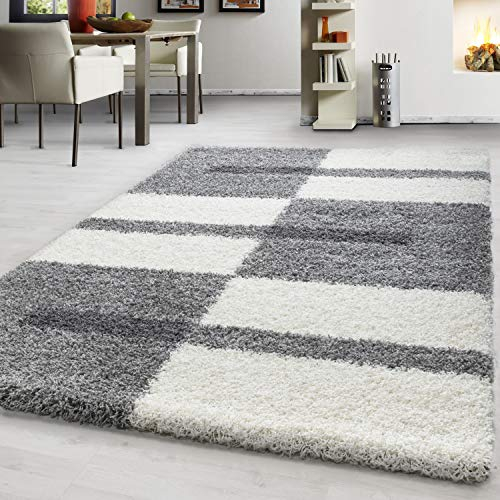 Teppium Moderner Hochflor Teppich Wohnzimmer 250x350 (240 x 340 cm) Hellgrau - Shaggy Flauschiger Teppich, Extra Weich, Pflegeleicht und Kariertes - für Schlafzimmer, Küche und Esszimmer