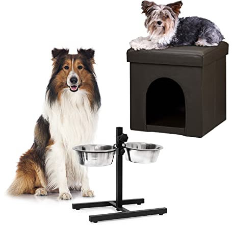 Relaxdays 2 TLG Set Home Sweet Hund Deluxe L, Hundebox braun, Sitzhocker mit Tierhöhle, Doppelnapf höhenverstellbar, Futterstation