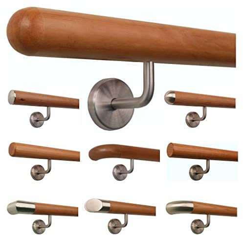 TIBU Kirschbaum Holz Handlauf Geländer 0,3m - 5m, Länge 200 cm, Ende Halbkugel gefräst und 3 gewinkelte Halter